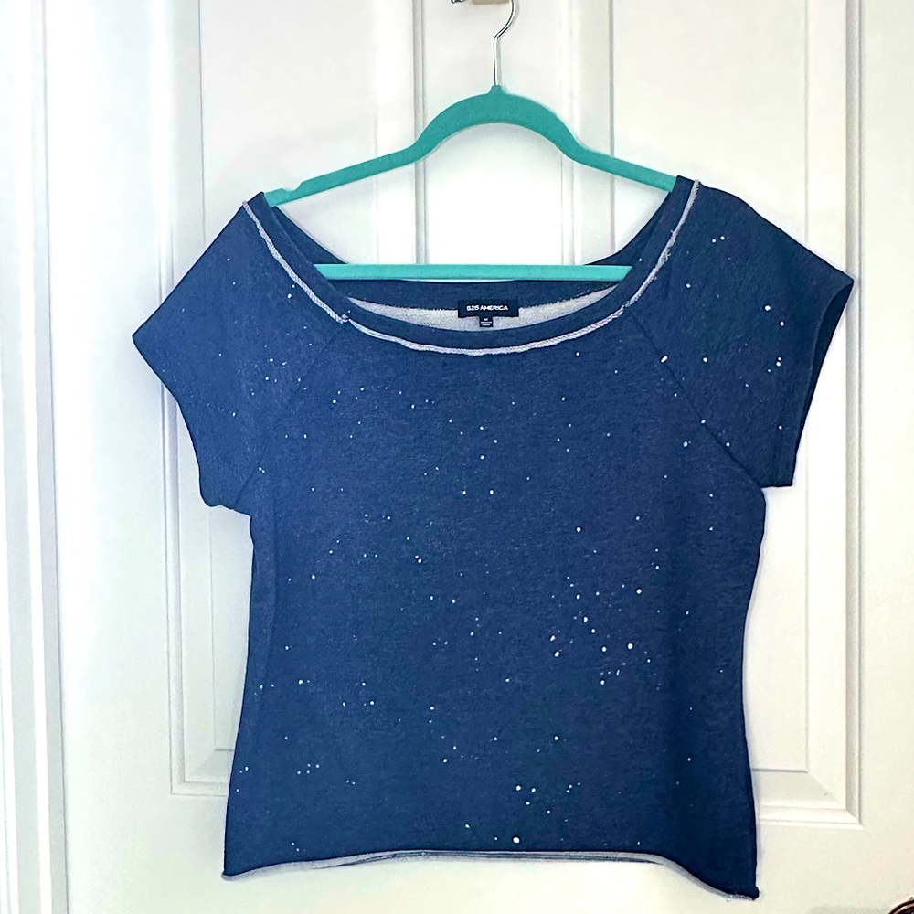 80’s denim look raw edged, bandeau neck, short sleeved cotton pullover. Medium.